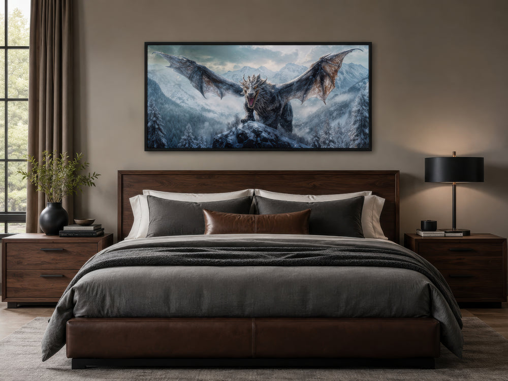 Framed dragon canvas wall art above a bed in a modern bedroom with snowy mountain scenery.