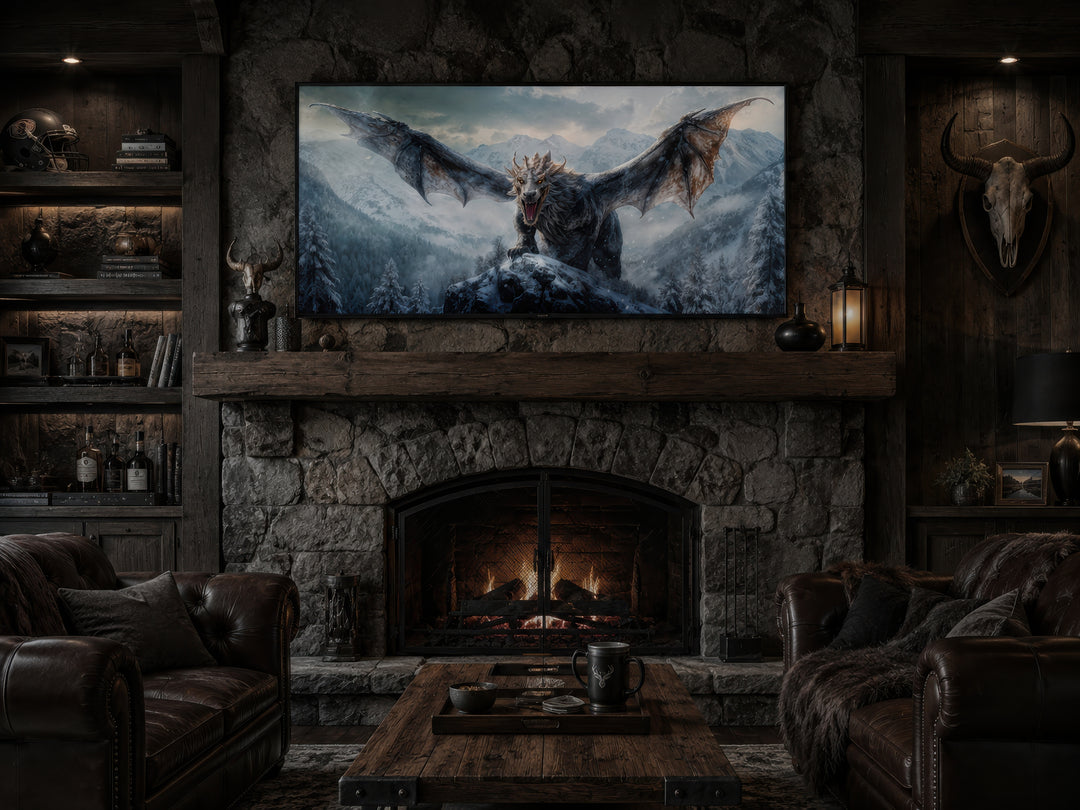 Framed dragon canvas wall art above a stone fireplace in a rustic man cave or game room.