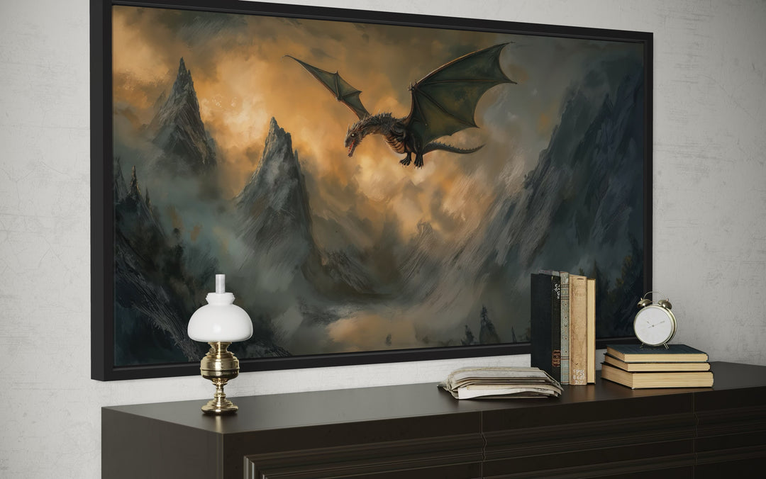 Framed panoramic canvas art of a dragon flying over misty mountains in a fantasy landscape.