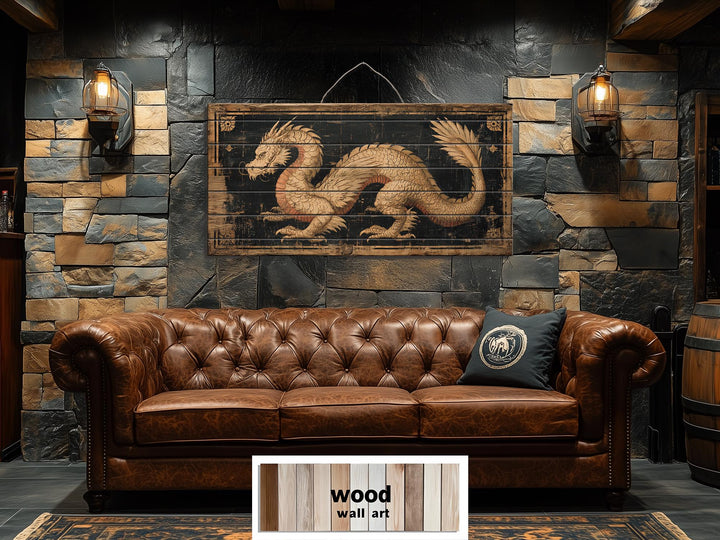 Horizontal distressed wood wall art featuring a golden dragon above a brown leather sofa.