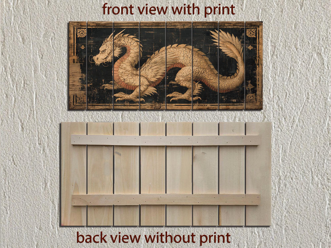Front and back views of a horizontal dragon wall art piece printed on distressed wooden planks.