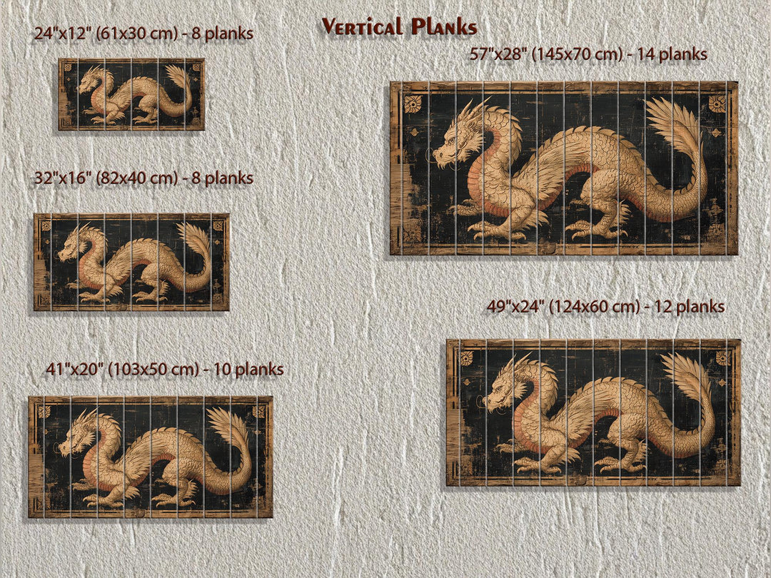 Five sizes of a distressed wood wall art piece featuring a golden dragon on vertical planks.