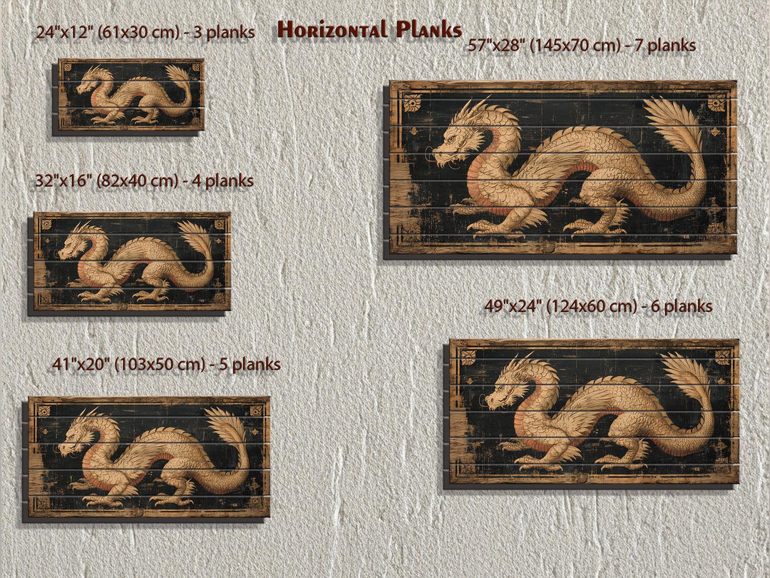 Dragon distressed wood wall art shown in five sizes with horizontal planks on a textured wall.