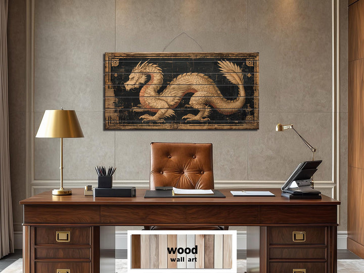 Horizontal wood wall art featuring a distressed golden dragon above a classic executive desk.