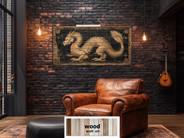 Horizontal wood wall art featuring a distressed golden dragon on a dark brick wall.
