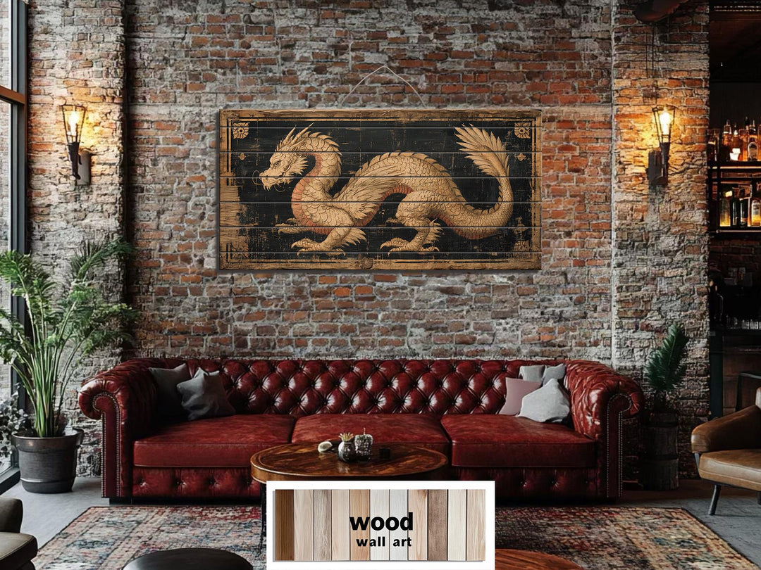 Horizontal distressed wood wall art featuring a golden dragon on a dark background.