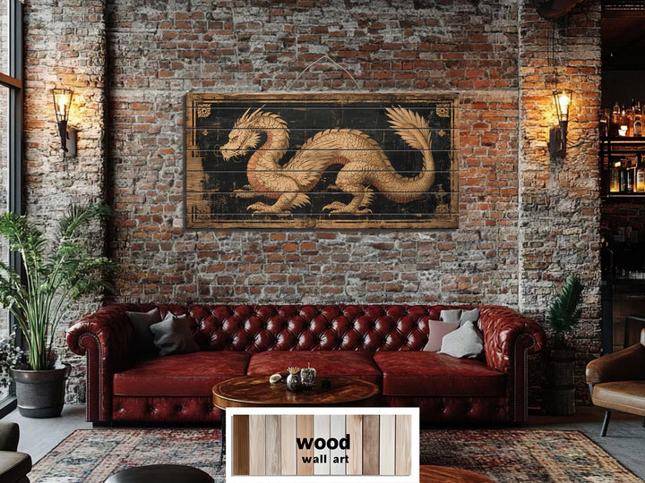 Horizontal distressed wood wall art featuring a golden dragon on a dark background.
