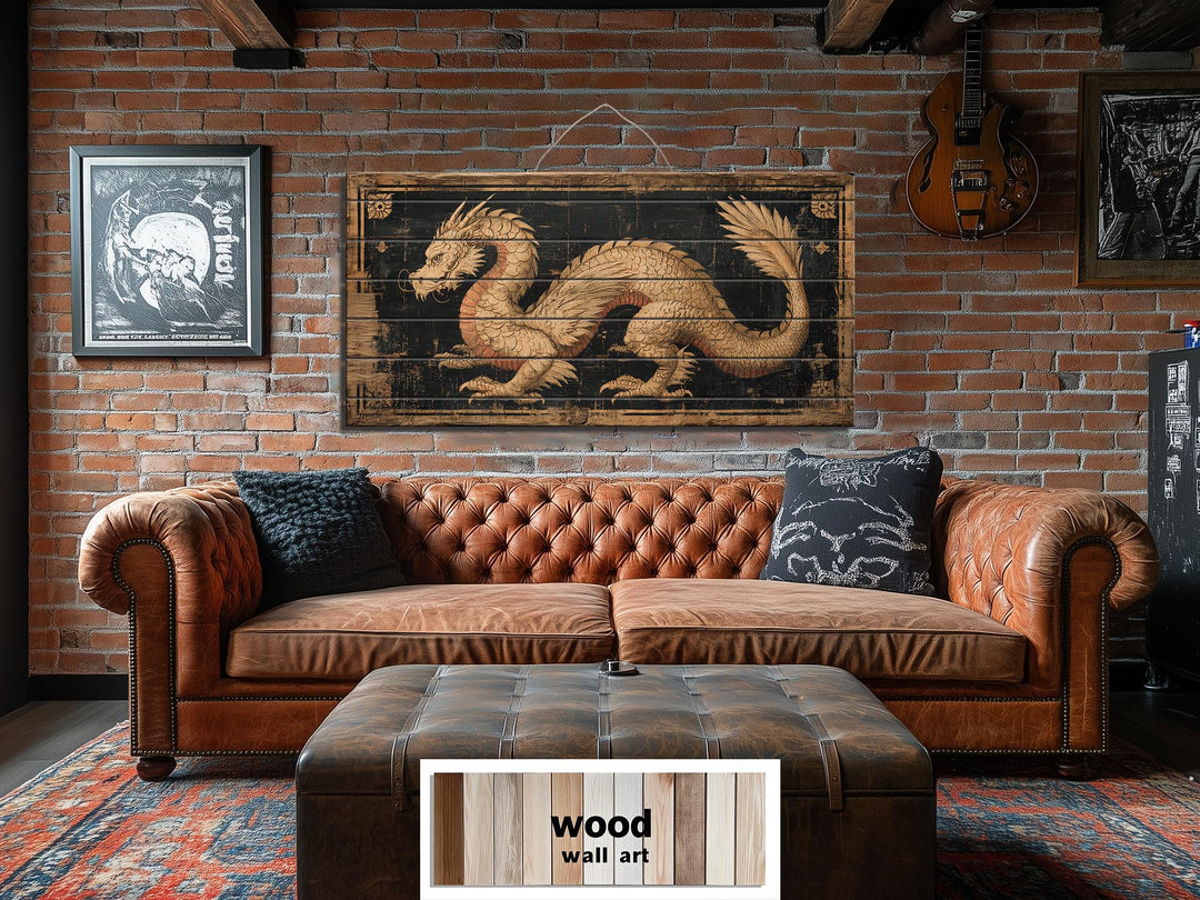 Horizontal wood wall art featuring a distressed golden dragon on a black background.