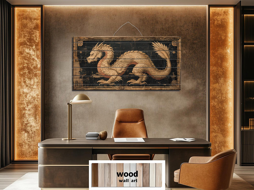 Horizontal wood wall art featuring a distressed dragon illustration above a modern office desk.