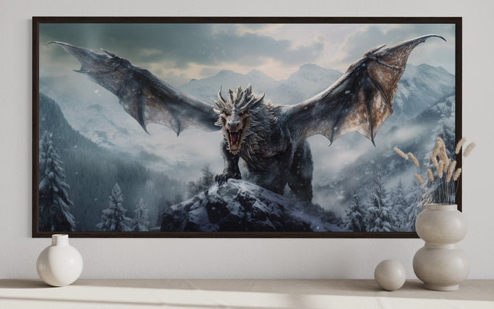 Dragon In Snowy Mountains Framed Canvas Wall Art