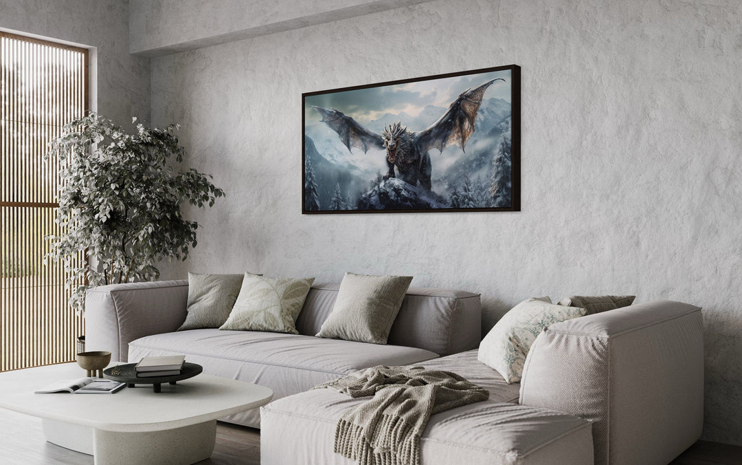 Dragon In Snowy Mountains Framed Canvas Wall Art