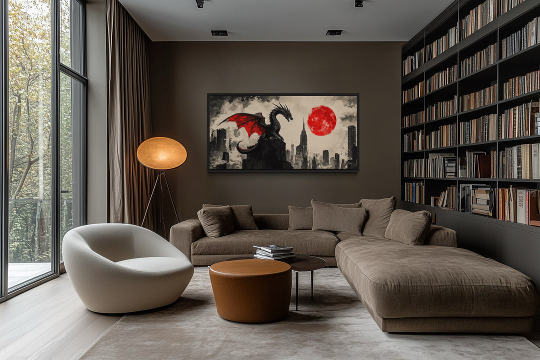 Dragon Wall Art – Urban Graffiti Canvas Print with Red Moon for Game Room Decor
