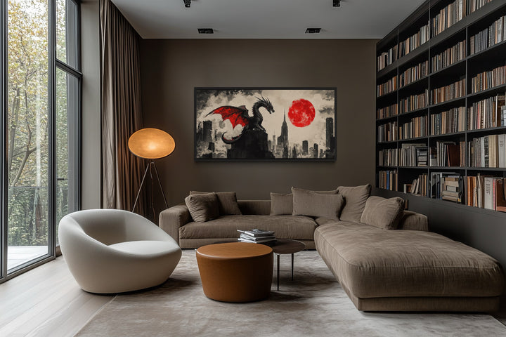 Dragon Wall Art – Urban Graffiti Canvas Print with Red Moon for Game Room Decor