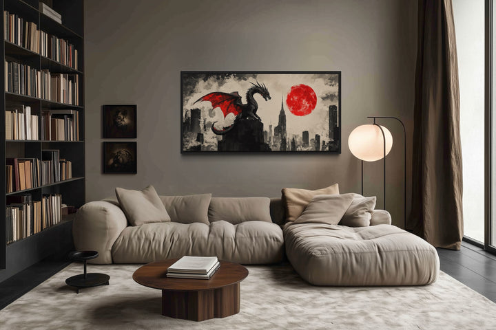 Dragon Wall Art – Urban Graffiti Canvas Print with Red Moon for Game Room Decor