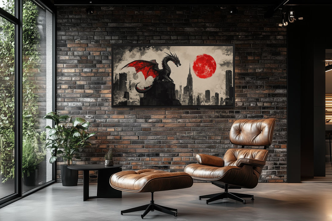 Dragon Wall Art – Urban Graffiti Canvas Print with Red Moon for Game Room Decor