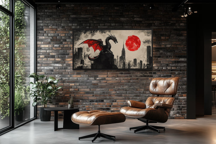 Dragon Wall Art – Urban Graffiti Canvas Print with Red Moon for Game Room Decor