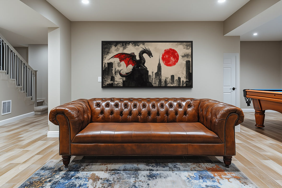 Dragon Wall Art – Urban Graffiti Canvas Print with Red Moon for Game Room Decor