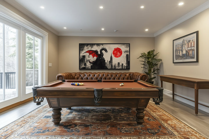 Dragon Wall Art – Urban Graffiti Canvas Print with Red Moon for Game Room Decor