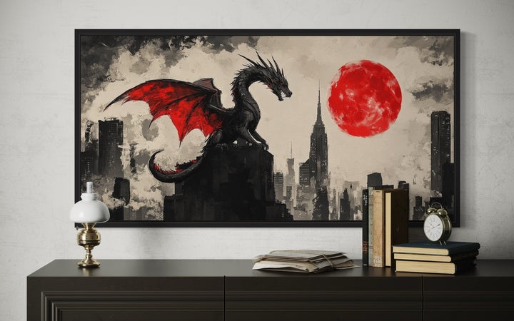 Dragon Wall Art – Urban Graffiti Canvas Print with Red Moon for Game Room Decor