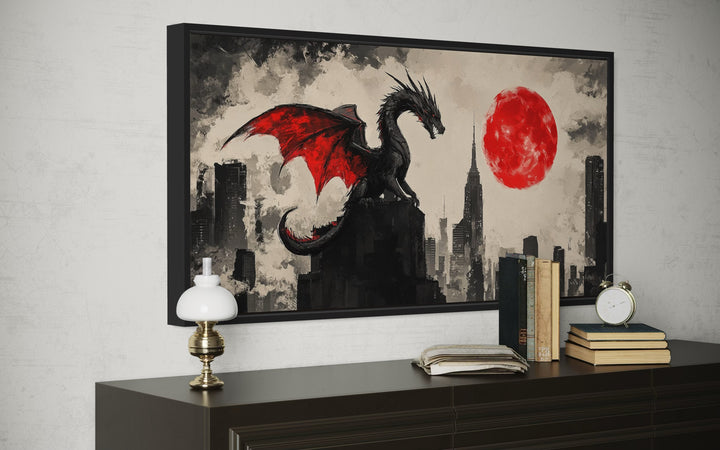 Dragon Wall Art – Urban Graffiti Canvas Print with Red Moon for Game Room Decor