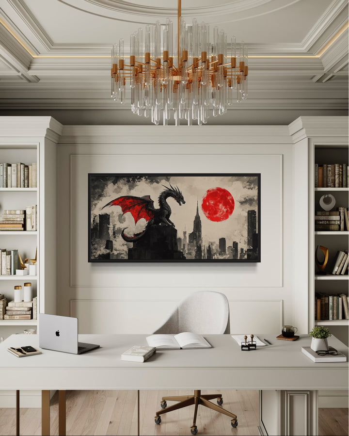 Dragon Wall Art – Urban Graffiti Canvas Print with Red Moon for Game Room Decor