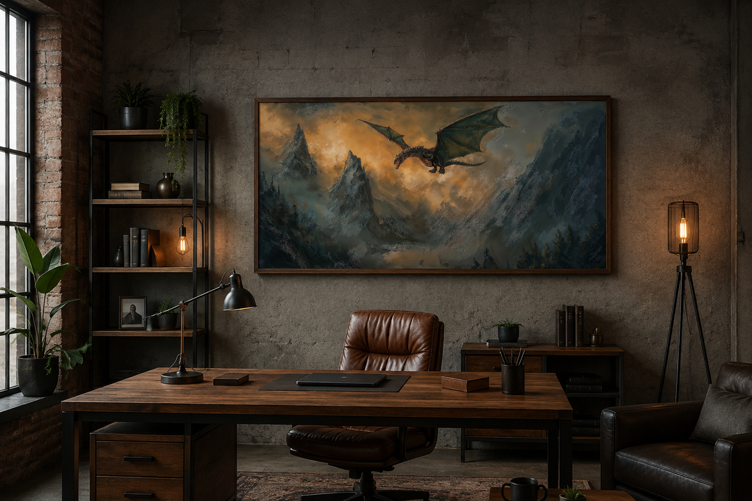 Framed panoramic canvas art of a dragon flying over misty mountains in a dark, industrial office.