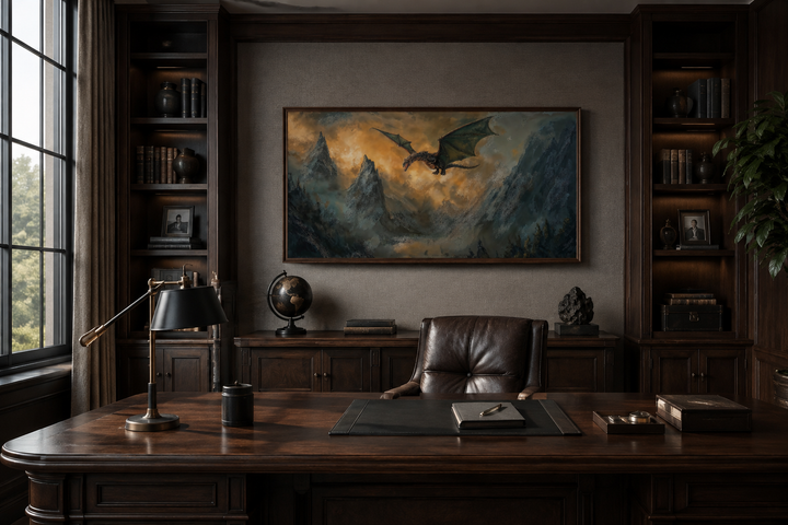Framed panoramic canvas art of a dragon flying over mountains in a dark wood home office.