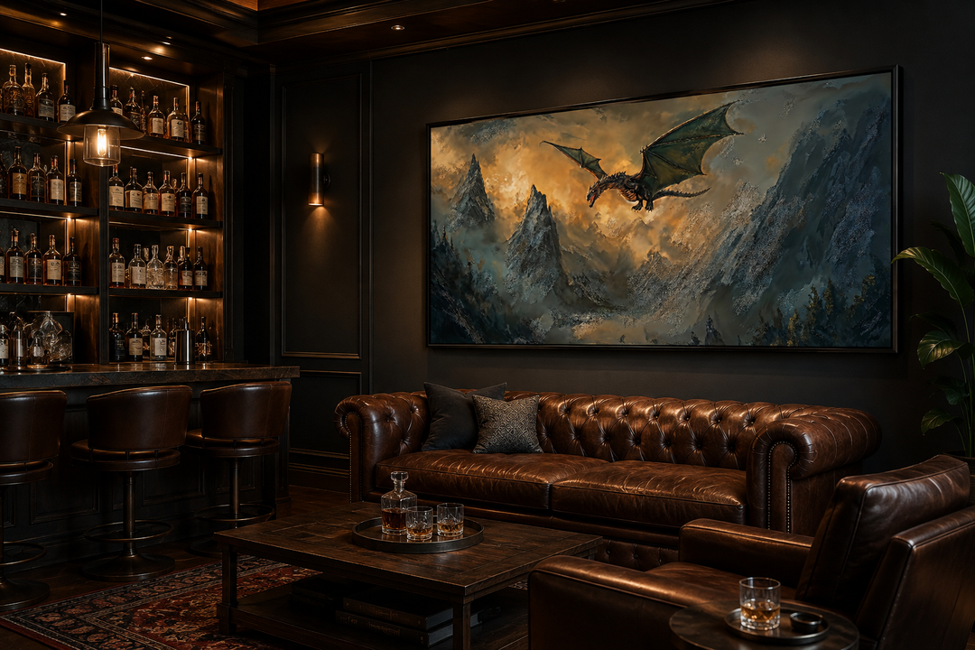 Framed panoramic canvas art of a dragon flying over mountains in a dark, sophisticated lounge.