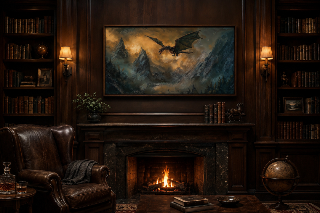 Framed canvas wall art of a dragon flying over mountains above a fireplace in a dark wood library.