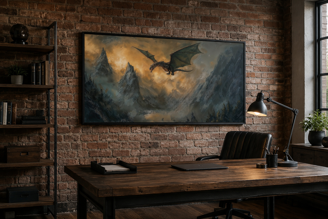 Framed panoramic canvas art of a dragon flying over misty mountains in a rustic office setting.