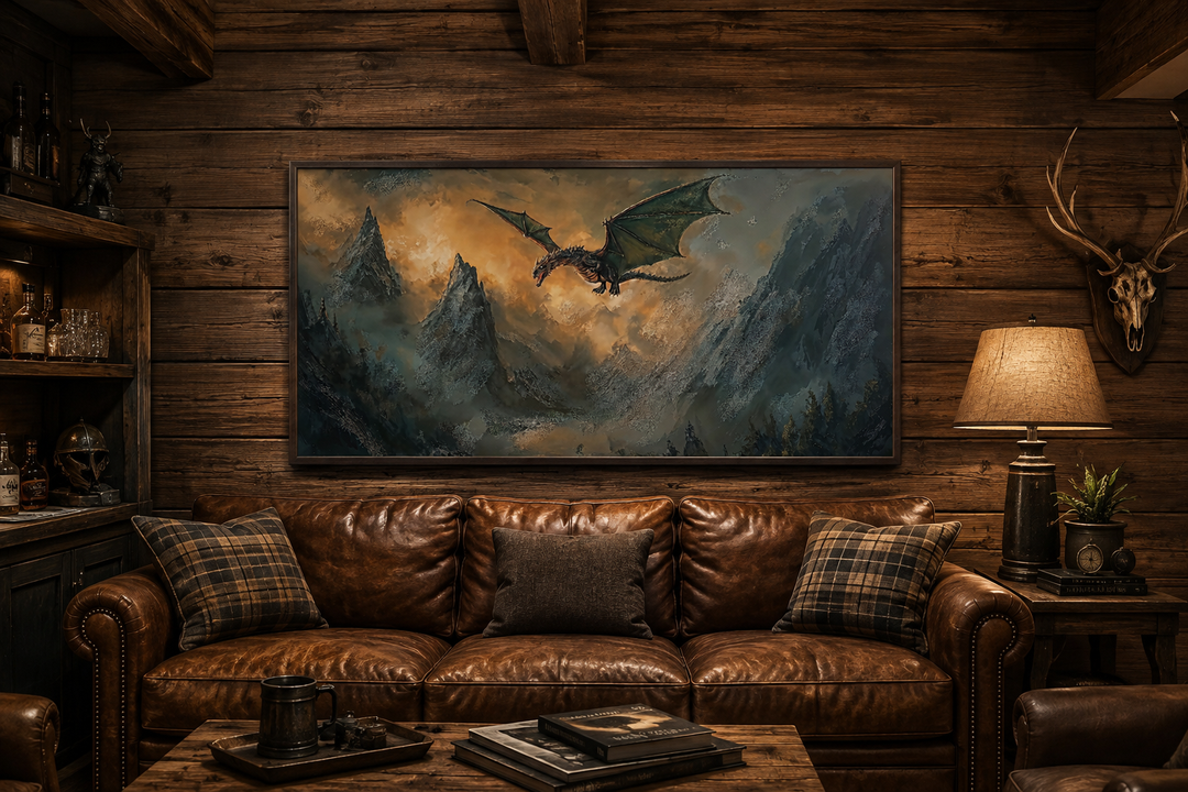 Framed panoramic canvas art of a dragon flying over mountains above a leather sofa in a rustic room.