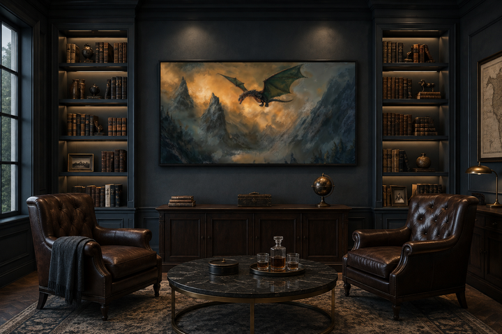 Framed panoramic canvas wall art of a green dragon flying over misty mountains in a dark study.
