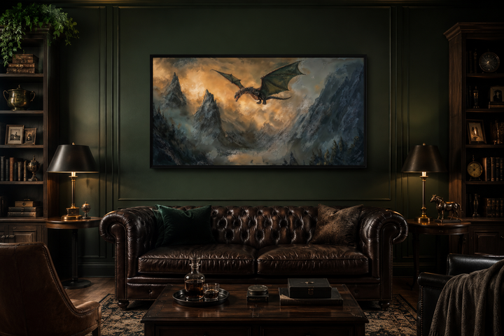 Framed panoramic canvas art of a dragon flying over mountains above a brown leather sofa.