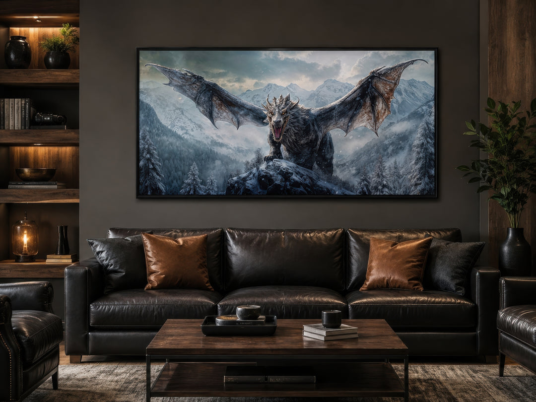 Framed dragon canvas wall art above a black leather sofa in a modern man cave or game room.