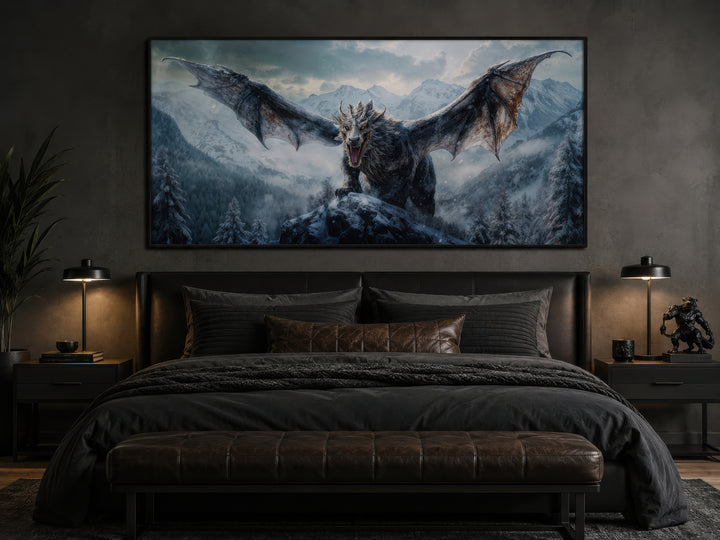 Framed dragon canvas wall art hanging above a bed in a dark, modern bedroom.
