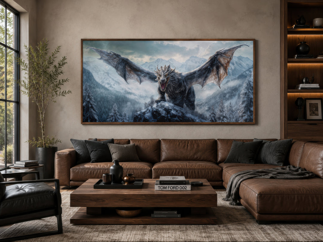 Framed dragon canvas wall art above a brown leather sofa in a modern living room.