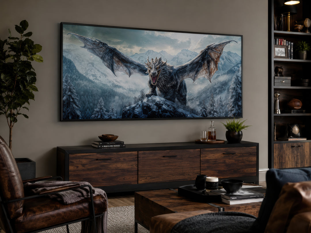 Framed dragon canvas wall art above a wooden media console in a modern man cave or game room.