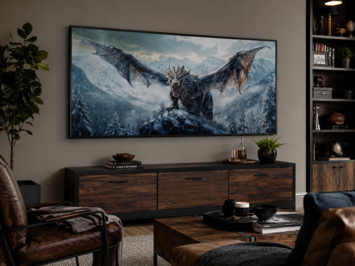 Framed dragon canvas wall art above a wooden media console in a modern man cave or game room.