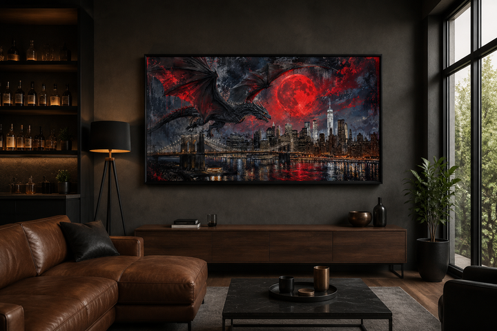 Dragon over New York City wall art in a modern living room with a leather sofa and dark decor.