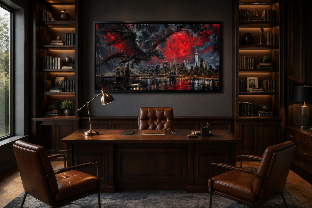Dragon Over New York City canvas print hanging in a dark wood office with leather chairs.