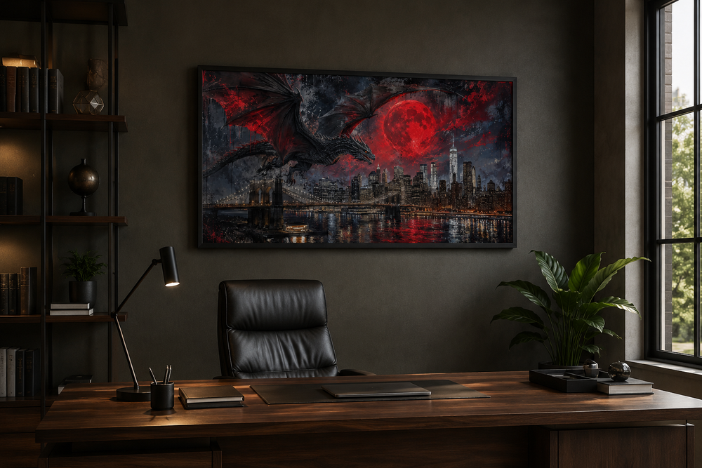 Dragon over New York City skyline canvas art in a dark office with a desk and leather chair.