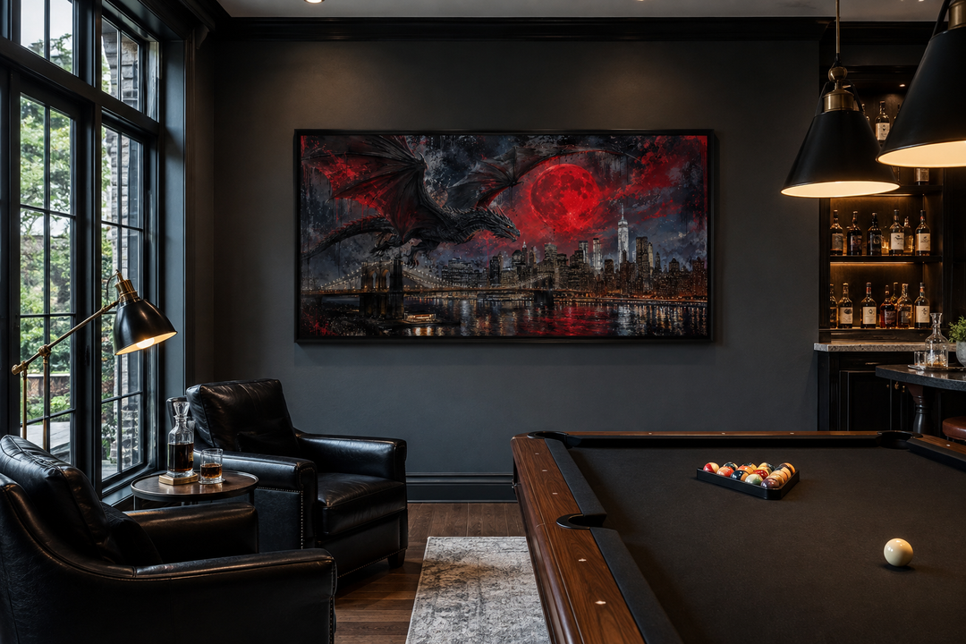 Dragon over New York City graffiti canvas print in a dark man cave with pool table and armchairs.
