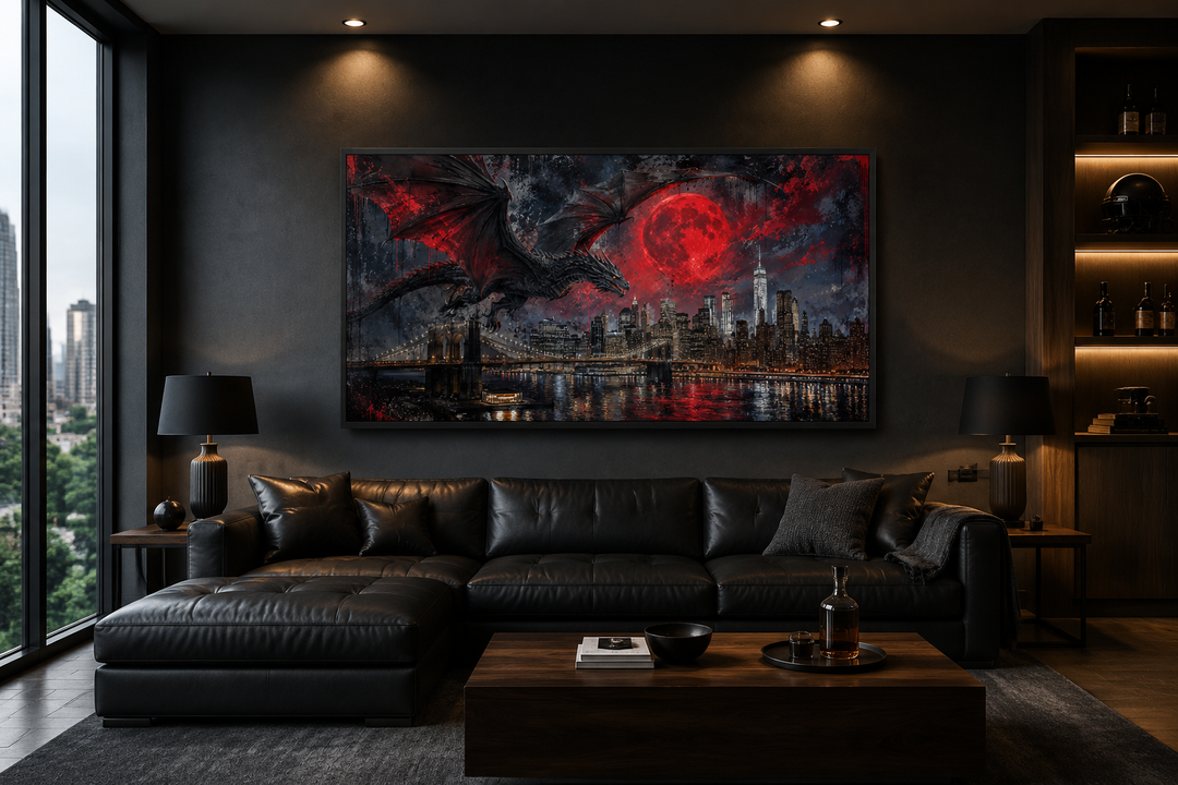 Dragon over New York City wall art in a modern living room with a black leather sofa and red moon.