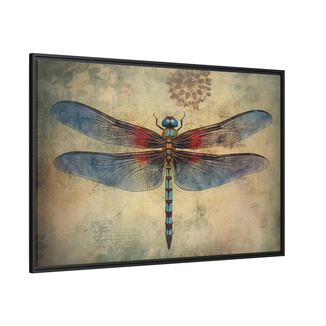 Dragonfly Illustration Vintage Rustic Framed Canvas Wall Art