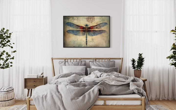 Dragonfly Illustration Vintage Rustic Framed Canvas Wall Art