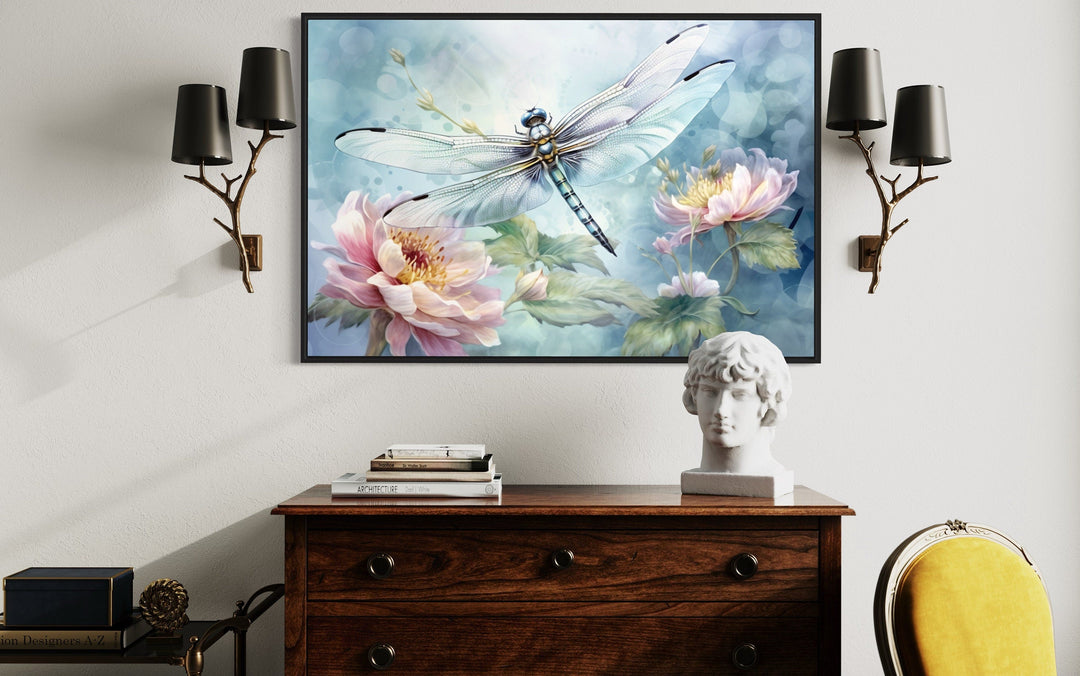 Dragonfly On Flower Shabby Chic Watercolor Wall Art