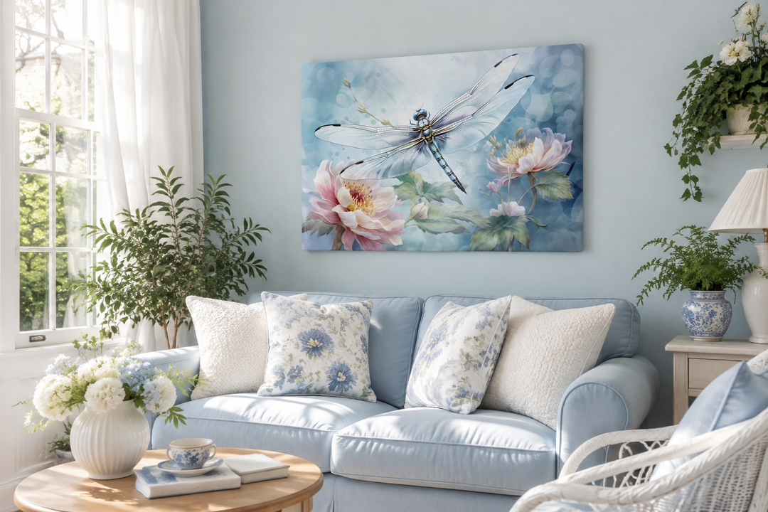 Dragonfly on flower watercolor canvas wall art in a shabby chic living room with a blue sofa.