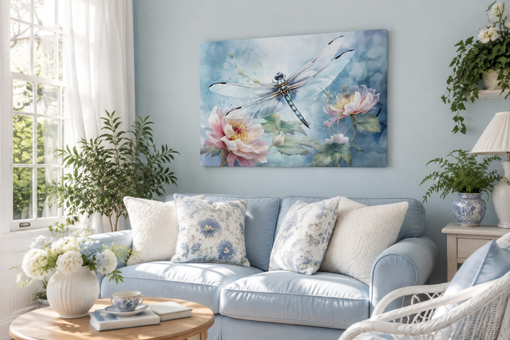 Dragonfly on flower watercolor canvas wall art in a shabby chic living room with a blue sofa.