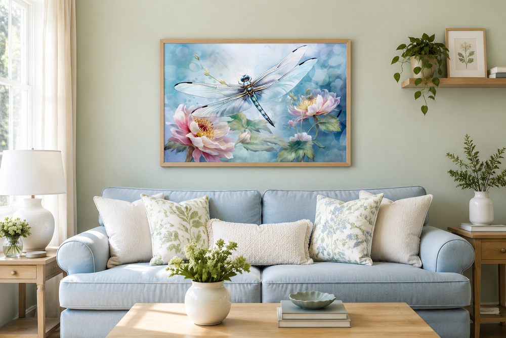 Dragonfly on flower watercolor wall art in a wooden frame above a blue sofa in a farmhouse living room.