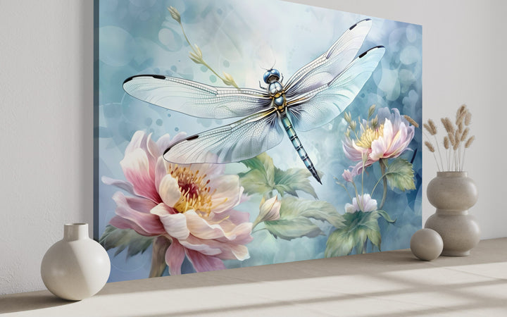 Dragonfly on flower shabby chic watercolor wall art canvas in a modern room setting.